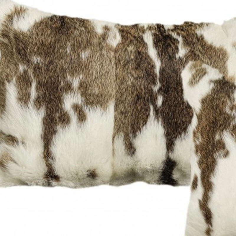 Homezia Set Of Two 12" X 20" Brown And White Rabbit Natural Fur Animal Print Throw Pillows