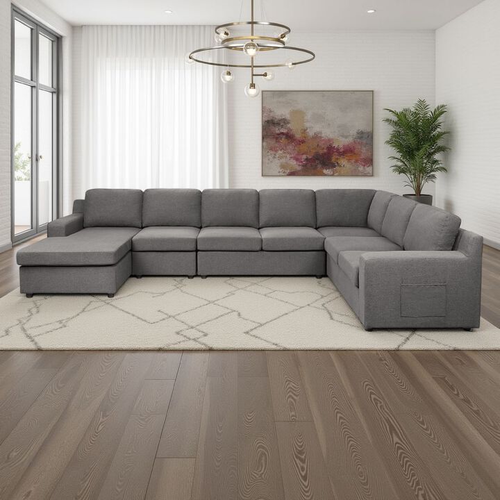Cas Right Facing 7 Seater U Shaped Sectional Sofa Chaise, Pocket, Gray