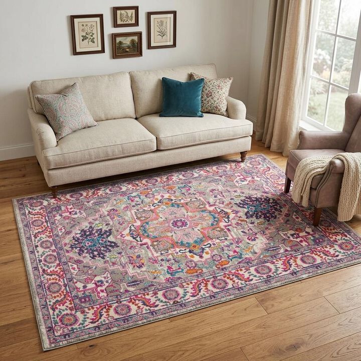 HomeRoots 5' X 7' Light Gray And Pink Medallion Area Rug