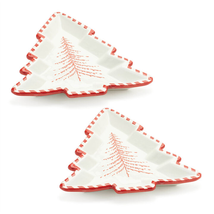 HomeRoots Set of Two Red And White Ceramic Tree Shaped Christmas Serving Trays