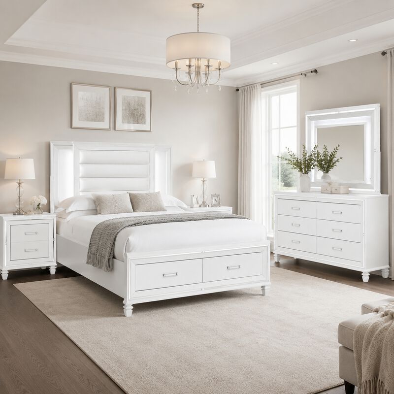 Queen Bedroom Set, White Wood, 5 Piece Set with 2 Nightstands, Dresser, and Mirror image number 8