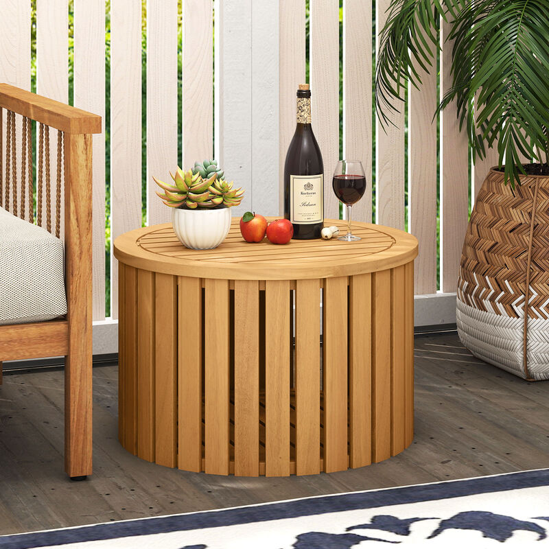 Outdoor 2-in-1 Side Table with Acacia Wood Slatted Coffee Table and Round End Storage Box-Natural image number 1