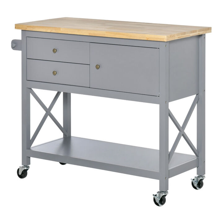 Grey Kitchen Helper: Rolling Utility Cart with Rubberwood Top and Storage