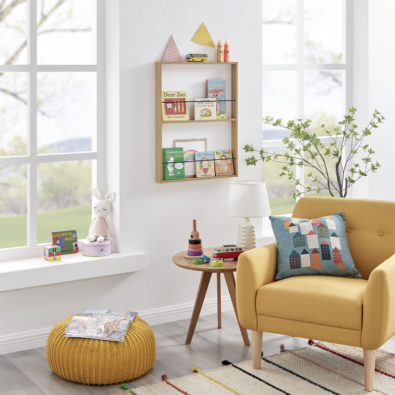 Steiner Beech Square Modern 2-Tier Kids Book or Toy Figure Display Unit Wall Mounted Bookshelf with Contrasting Black Rods