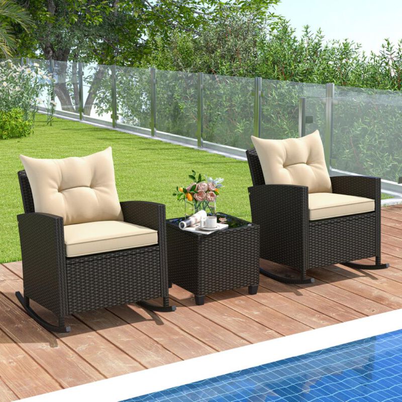 Hivvago 3-Piece Patio Rattan Roker Chairs with Tempered Glass Table and Soft Cushions image number 3