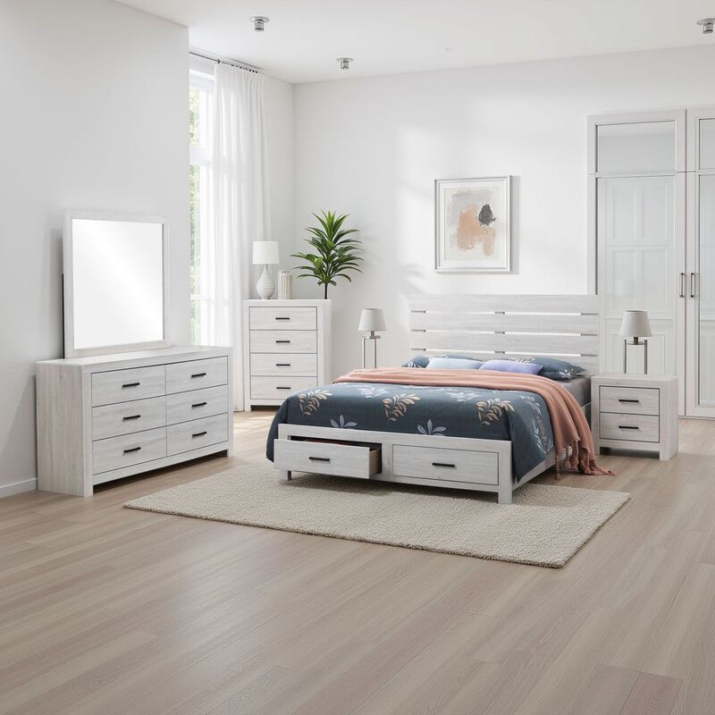 Sili 5pc Queen Storage Bedroom Set, Coastal White and Bronze