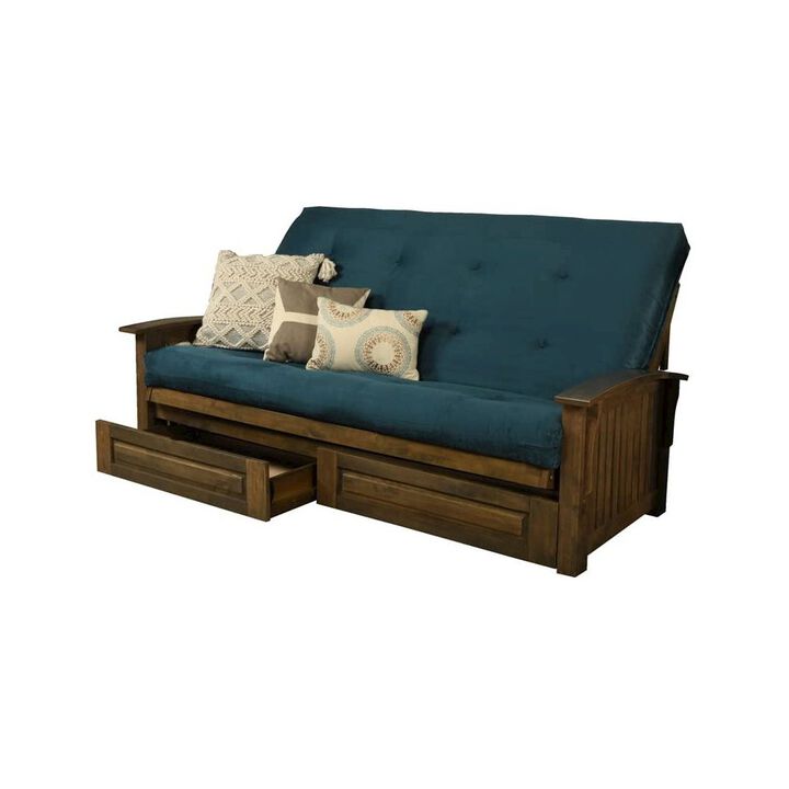 Washington Queen Frame-Rustic Walnut Finish-Suede Navy Mattress-Storage Drawers