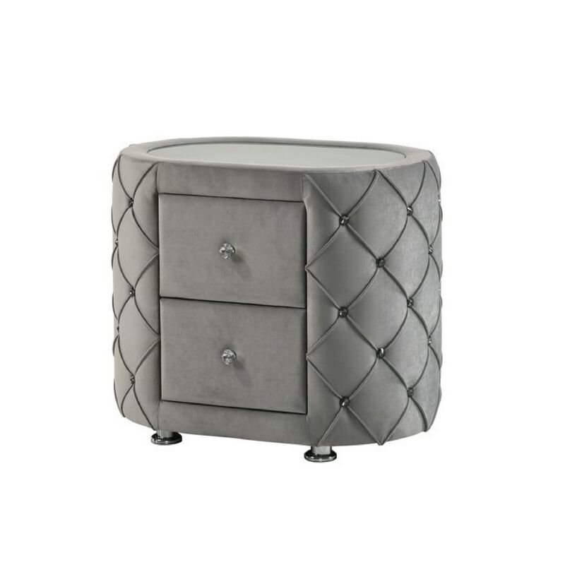 Jill 29 Inch Oval Nightstand, Tufted Velvet Upholstery, 2 Drawers, Grey-Benzara image number 1