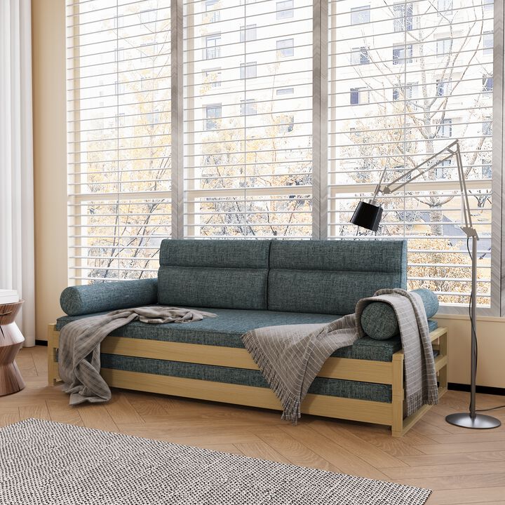 Fabric Linen Double-Deck Sofa Bed with Wooden Frame for Living Room & Bedroom 82.67" Blue