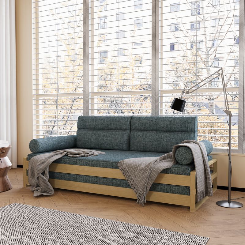 Fabric Linen Double-Deck Sofa Bed with Wooden Frame for Living Room & Bedroom 82.67" Blue