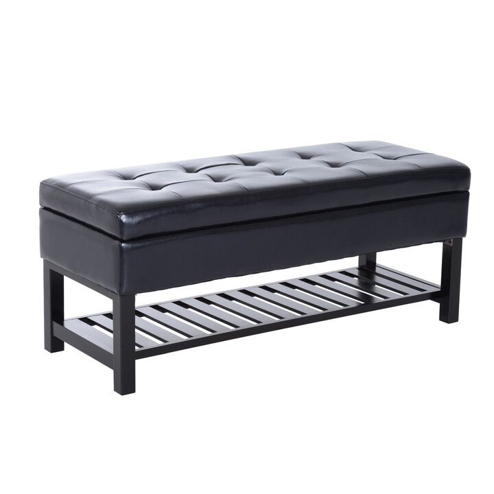 Sleek Seating Storage: 44" Black Tufted Faux Leather Ottoman with Shoe Rack