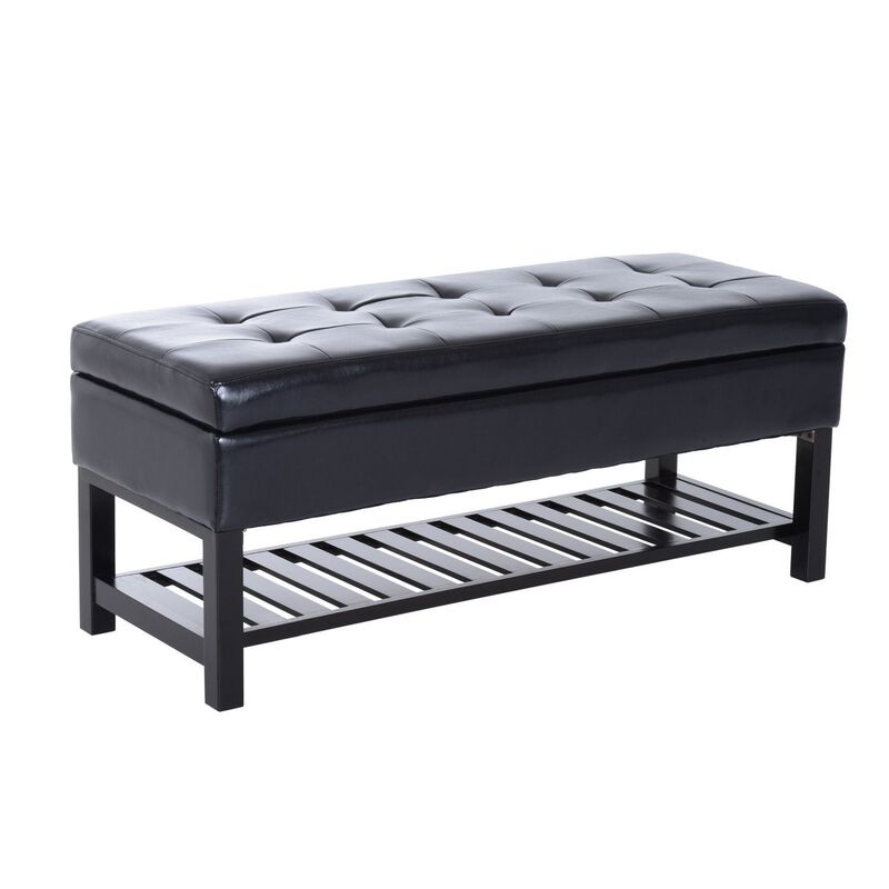 Sleek Seating Storage: 44" Black Tufted Faux Leather Ottoman with Shoe Rack