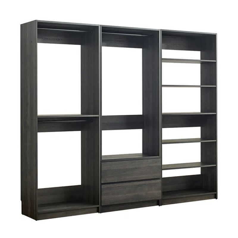 Dee Modular Closet System, 5 Floating Shelves, 2 Drawers, Black Wood - Benzara