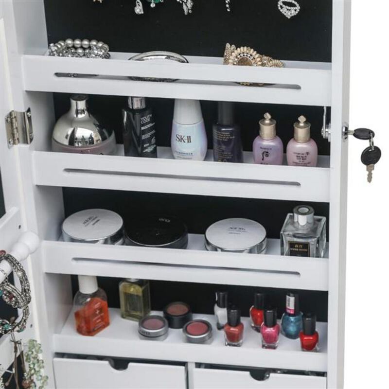 Wall-Mounted Jewelry Storage Mirror Cabinet with 4-Layer Shelf, 6 Drawers & 8 Blue LED Lights