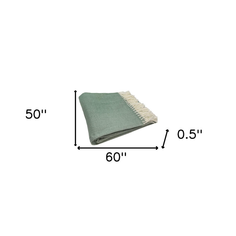 HomeRoots 50" X 60" Green And Ivory Woven Herringbone Plush Throw Blanket with Tassels image number 3