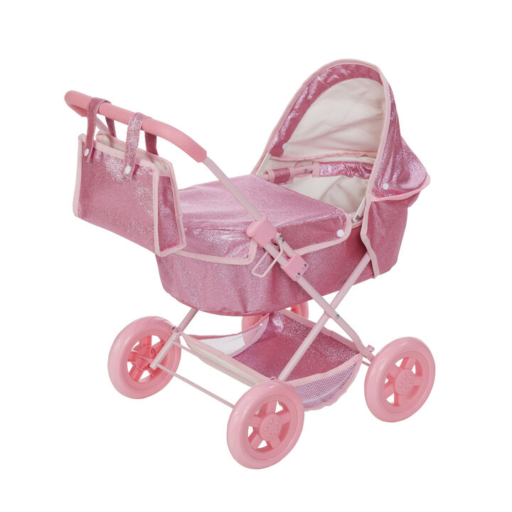 Olivia's Little World Baby Doll Bassinet Pram with Cover, Glitter Pink Doll Stroller with Retractable Canopy, Handle and Under Pram Storage for Doll Accessories