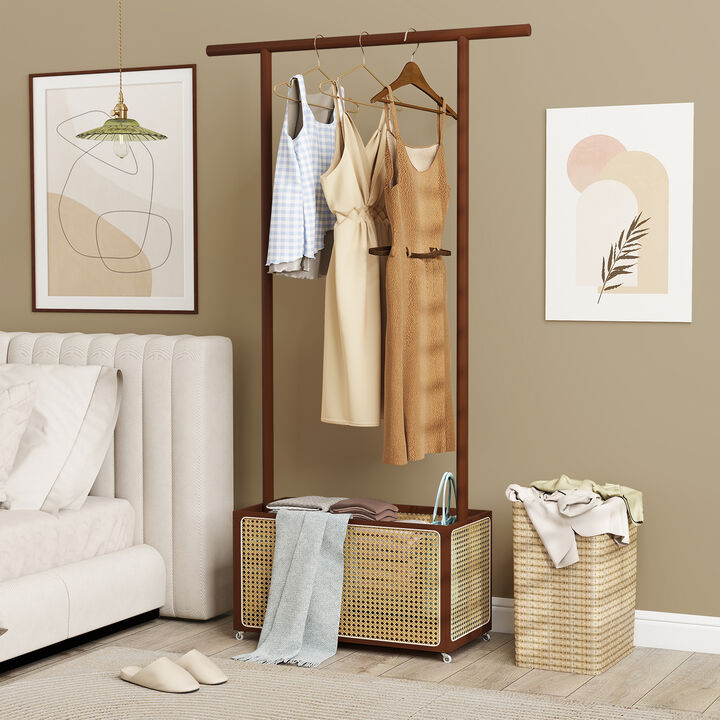 Rattan Wicker Clothes Rack with Storage Basket and Rolling Wheels