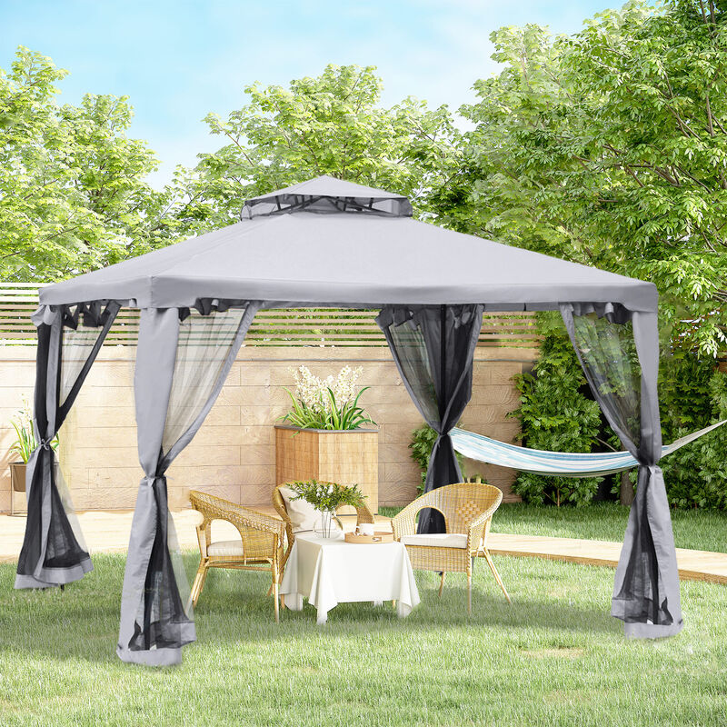 Outsunny 10' x 10' Patio Gazebo Outdoor Canopy Shelter with 2-Tier Roof and Netting, Steel Frame for Garden, Lawn, Backyard and Deck, Gray