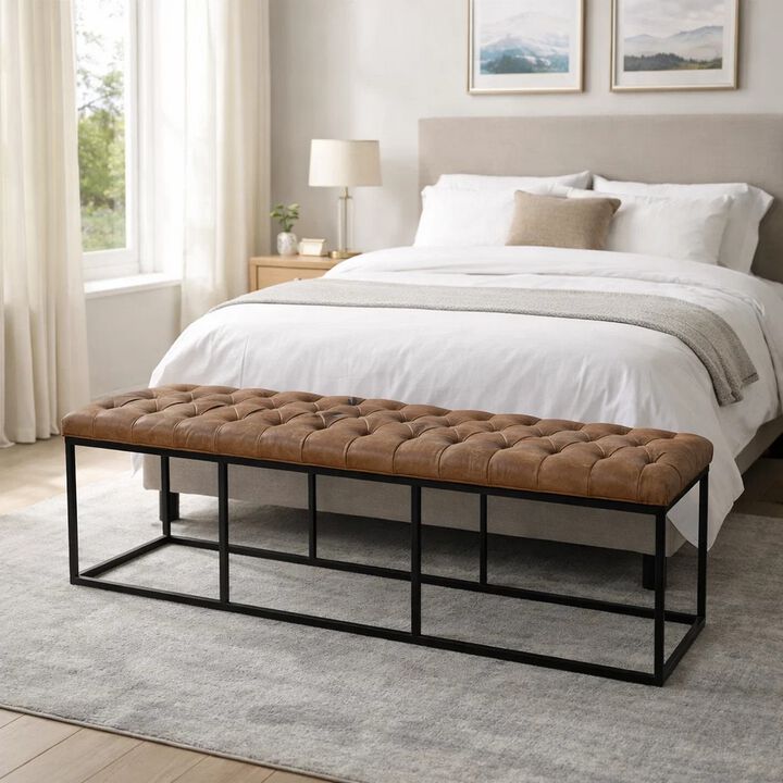Leatherette Upholstered Bench with Button Tufted Cushioned Seat and Metal Base, Brown
