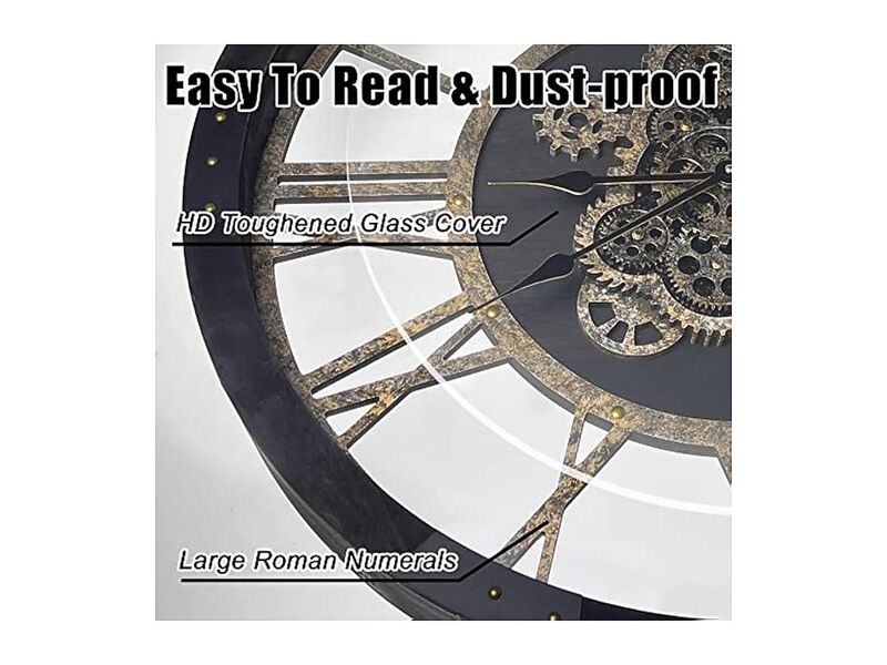 Real Moving Gears Toughened Glass Solid Wall Clock 27 Inch Wood Black Rustic image number 3