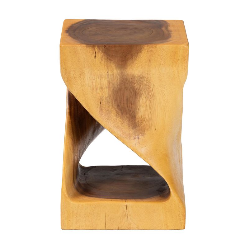 bali & pari Rapha Hand-carved Suar Wood Side Table with Shelf &ndash; Sculptural Accent Table with Twist Design, Modern Boho Style for Living Room or Bedroom