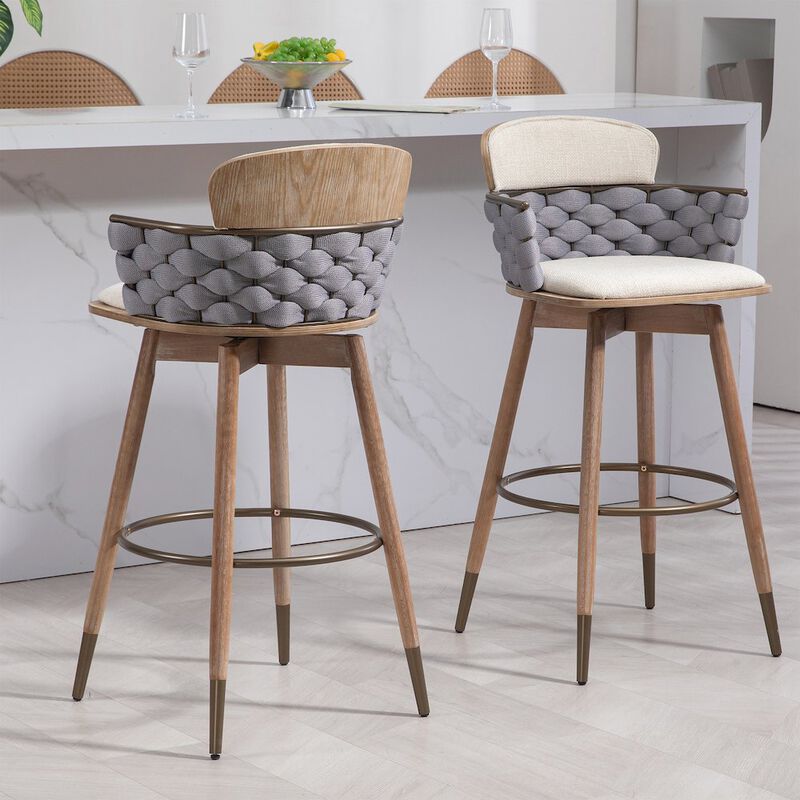 Glamour Home Bechor Beige and Gray Linen Fabric Bar Stool with Natural Wood Legs
