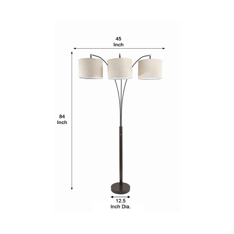 Floor Lamp with 3 Arched Arms and Fabric Shades, Bronze-Benzara