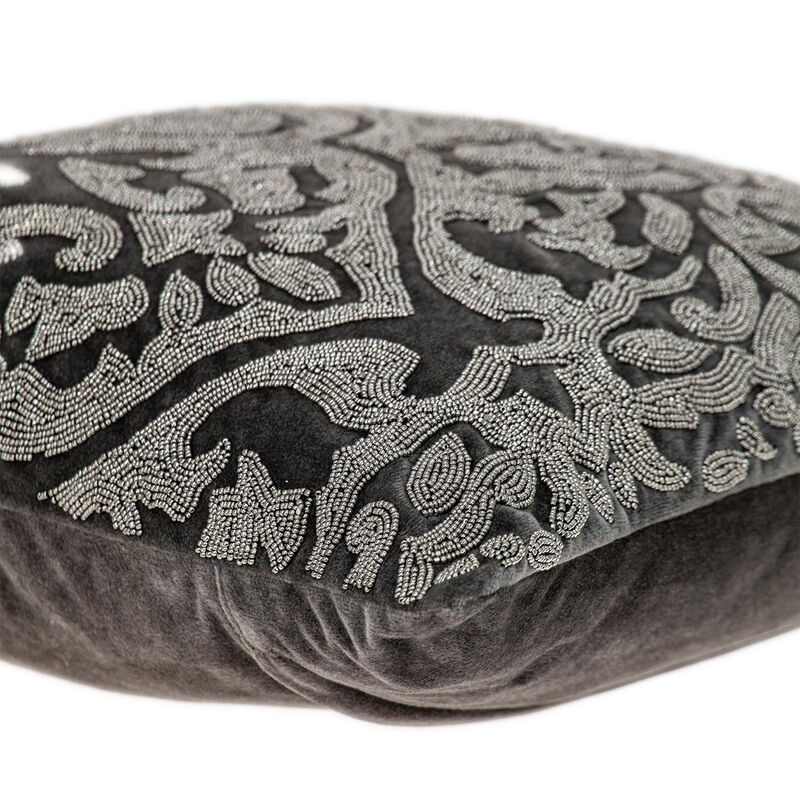 HomeRoots 18" Gray and Silver Damask Velvet Throw Pillow With Beads image number 3