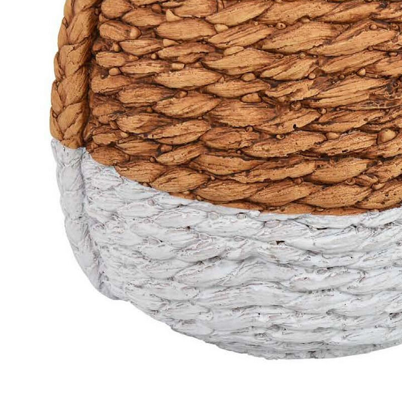 Reno 12 Inch Planter, Rope Woven Design, White and Brown Finished Resin - Benzara