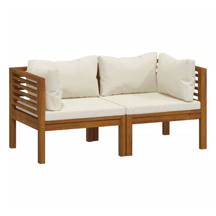 Luna 2pc Modular Outdoor Sofa, Cream 27 Inch Slatted Solid Acacia Wood - Benzara