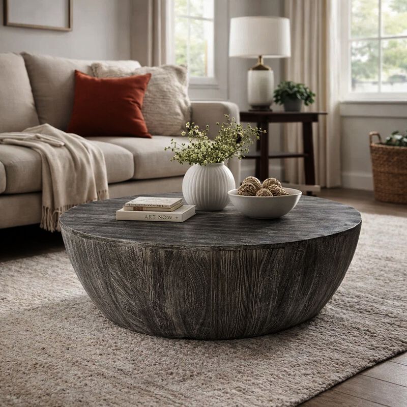 Arthur 36 Inch Farmhouse Style Handcrafted Mango Wood Coffee Table, Round Drum Shape, Sandblasted Black image number 7