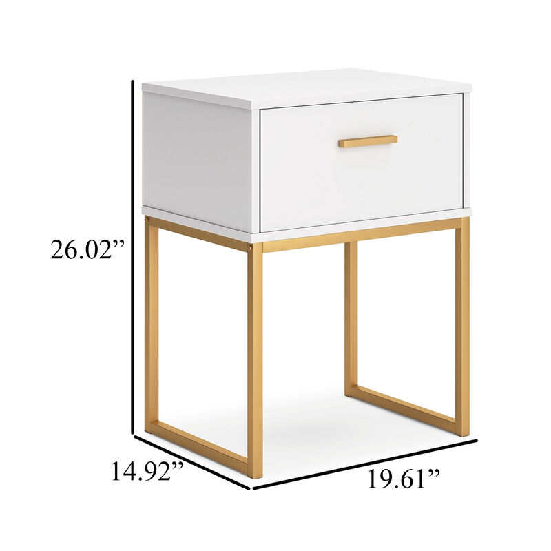 Alli Nightstand, 1 Drawer, Matte White Wood, Gold Metal Legs, 26 Inch - Benzara