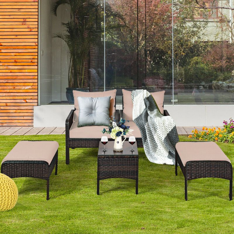 5 Pieces Patio Rattan Sofa Ottoman Furniture Set with Cushions
