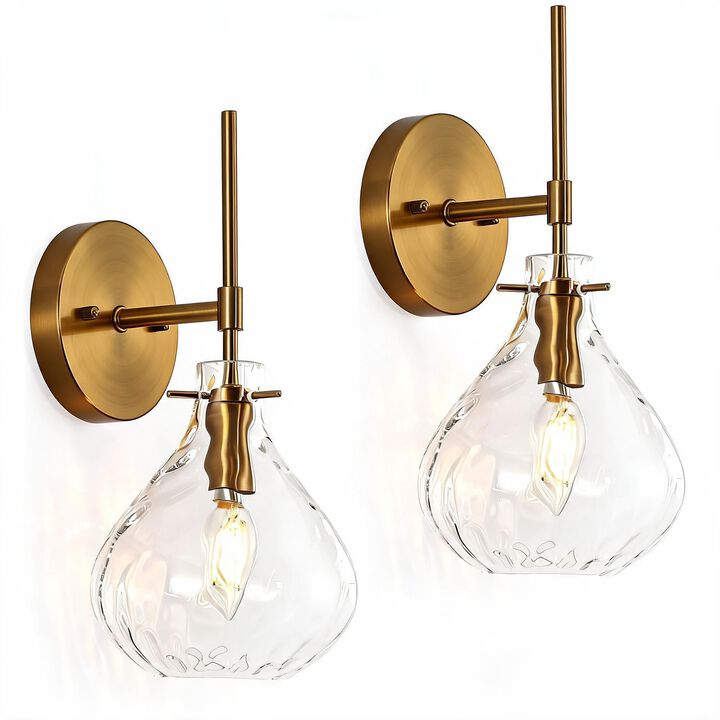 Gold Wall Sconces Set of Two, Hammered Glass Vanity Wall Lamps