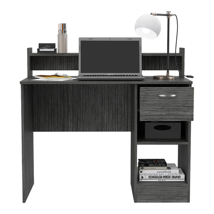 DEPOT E-SHOP Vera Computer Desk with Top Open Shelf, 1-Drawer and 2-Storage Shelves, Smokey Oak