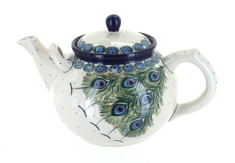 Blue Rose Polish Pottery Peacock Feather Large Teapot