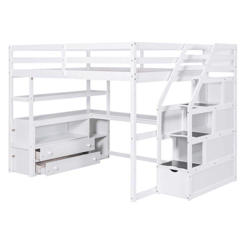 Merax  Loft Bed with Desk and Shelves, Two Built-in Drawers