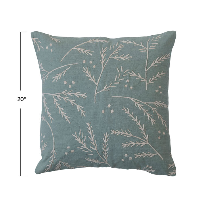 Square Cotton Slub Pillow with Floral Embroidery, Mint Color and White