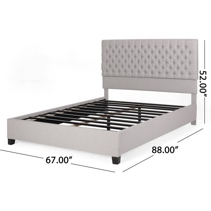 Amare Platform Queen Size Bed, Button Tufted Light Gray Polyester - Benzara