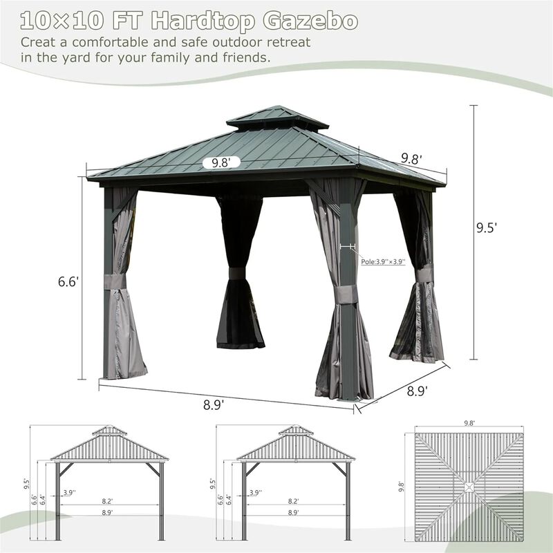 MONDAWE Outdoor 10 x 10 ft Hardtop Gazebo Aluminum Frame Permanent Galvanized Steel Double Roof Canopy with Curtain and Netting Parties, Wedding, Outdoor Dining