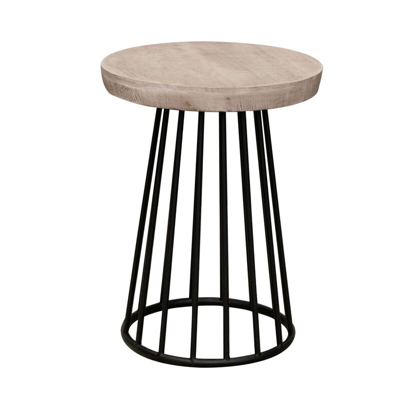 Benjara Rita 24 Inch Chairside Table, Open Cone Base, Wood, Metal, Off White and Black