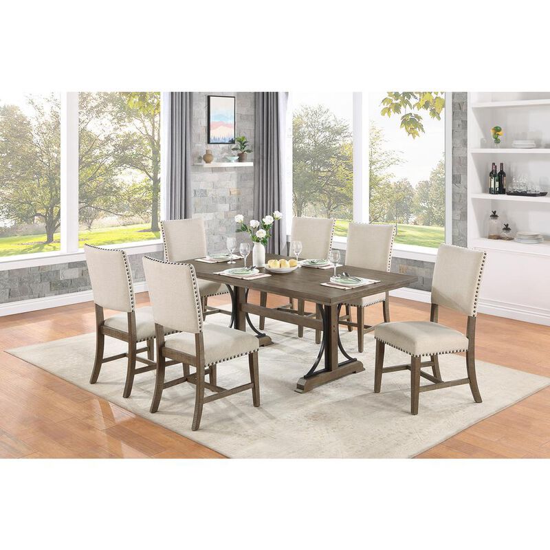 7 piece modern farmhouse dining set in brown oak and beige linen side chairs