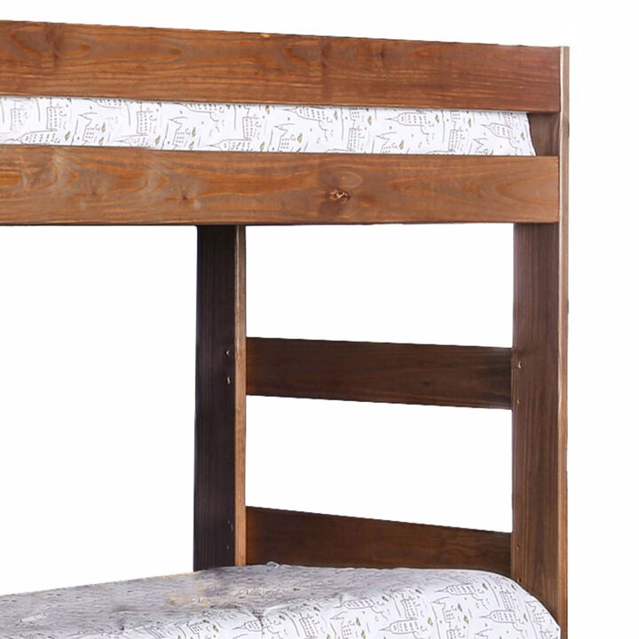 Wooden Twin over Twin Bunk Bed with Plank Style Design, Brown-Benzara