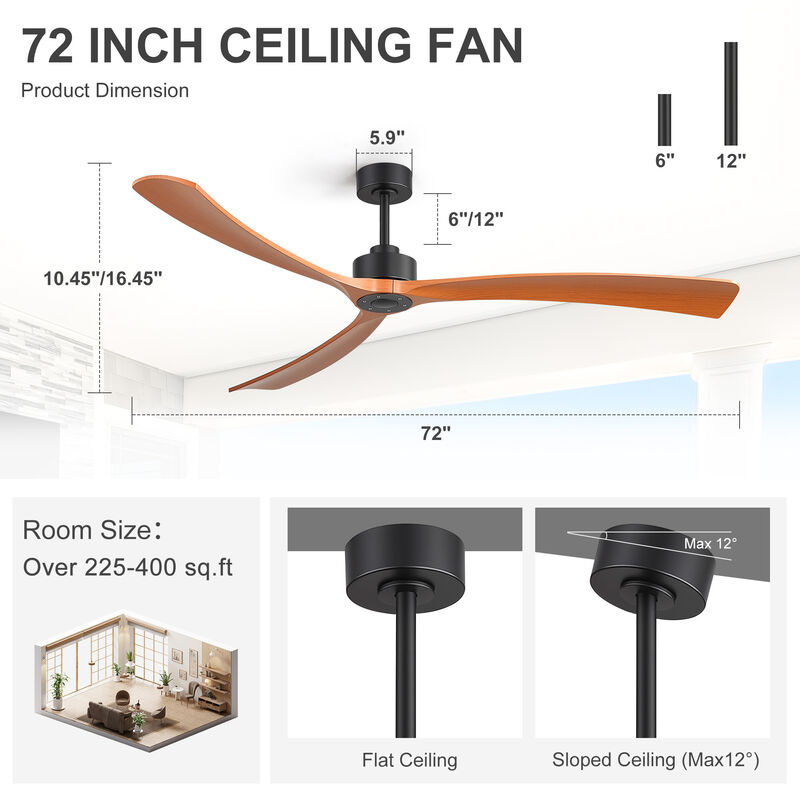 Breezary 72" Ceiling Fan No Light, 3 ABS Blades, DC Motor, 6 Speeds, Remote Control, Reversible image number 4