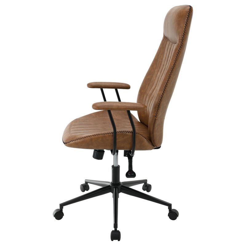 Anie Adjustable Desk Chair, Rolling Base, Brown Tufted Faux Leather - Benzara