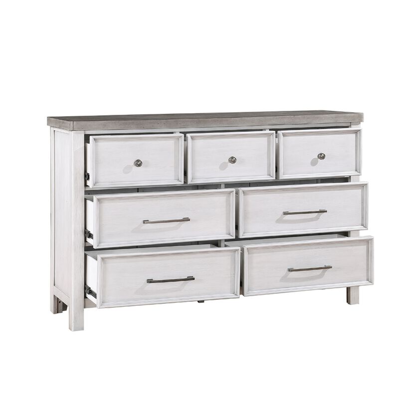 Amby Dresser, 62 Inch, 7 Drawers, Farmhouse White Gray Acacia Wood - Benzara