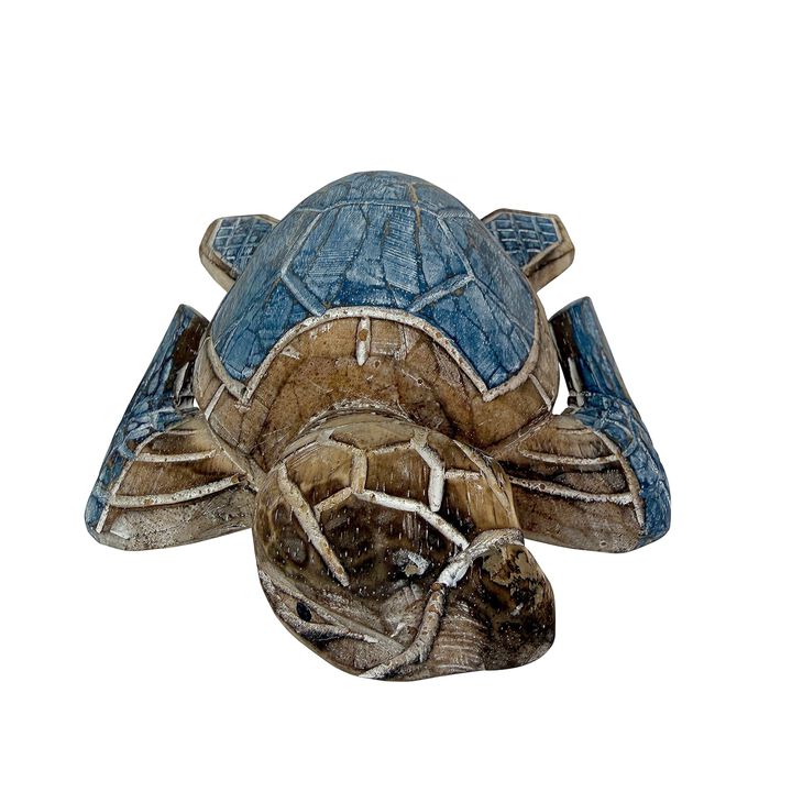 Sea Turtle Statue Hand Carved Wood Blue Coastal Decor 12in Tabletop Art