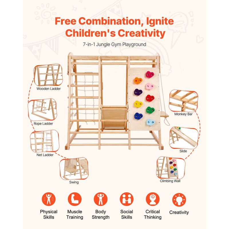 7 in 1 Toddler Indoor Jungle Gym with Slide Swing Climbing Wall image number 6