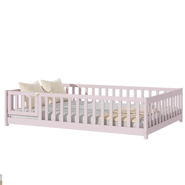 Whisen Full Size Rubber Wood Floor Bed with Safety Guardrails&Door,Kids Bed