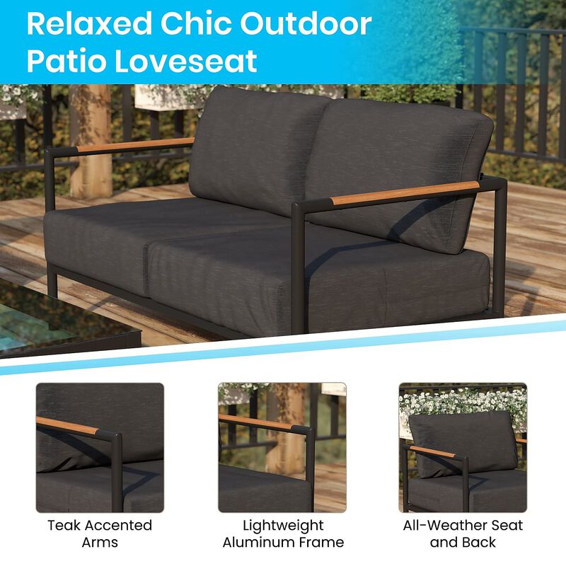 Flash Furniture Lea Indoor/Outdoor Loveseat with Cushions-Modern Aluminum Framed Loveseat with Teak Accent Arms, Black with Charcoal Cushions